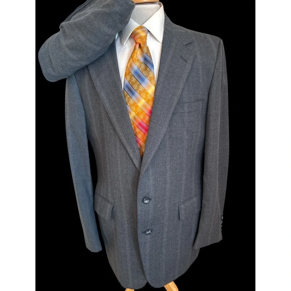 VTG Van Julian 2 Pc Wool Suit Blue Stripe Jacket Sz 44L Pants 38 x 30 USA Made